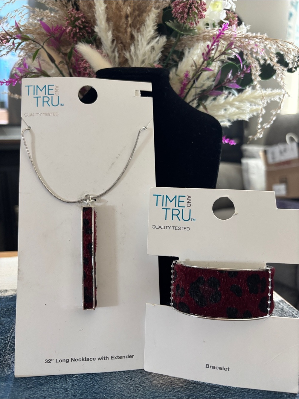 Burgundy & Black Leopard Bar Necklace & Matching Cuff Bracelet.